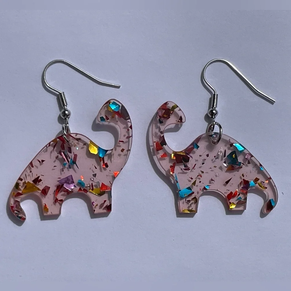 🦕 RAWR Dinosaur brontosaurus earrings acrylic dino clear confetti glitter